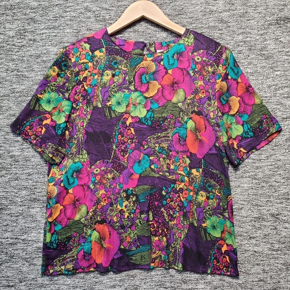 Norton McNaughton Blouse Womens 10 Purple Floral Short Sleeve Rayon‎ VTG 90s Top